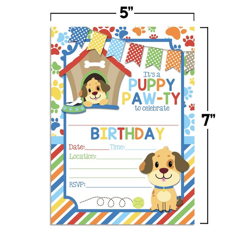 Amanda Creation Dog House Puppy Dog Themed Birthday Party Invitations for Boys, 20 5x7 Fill In Cards with Twenty White Envelopes by AmandaCreation - Image 5